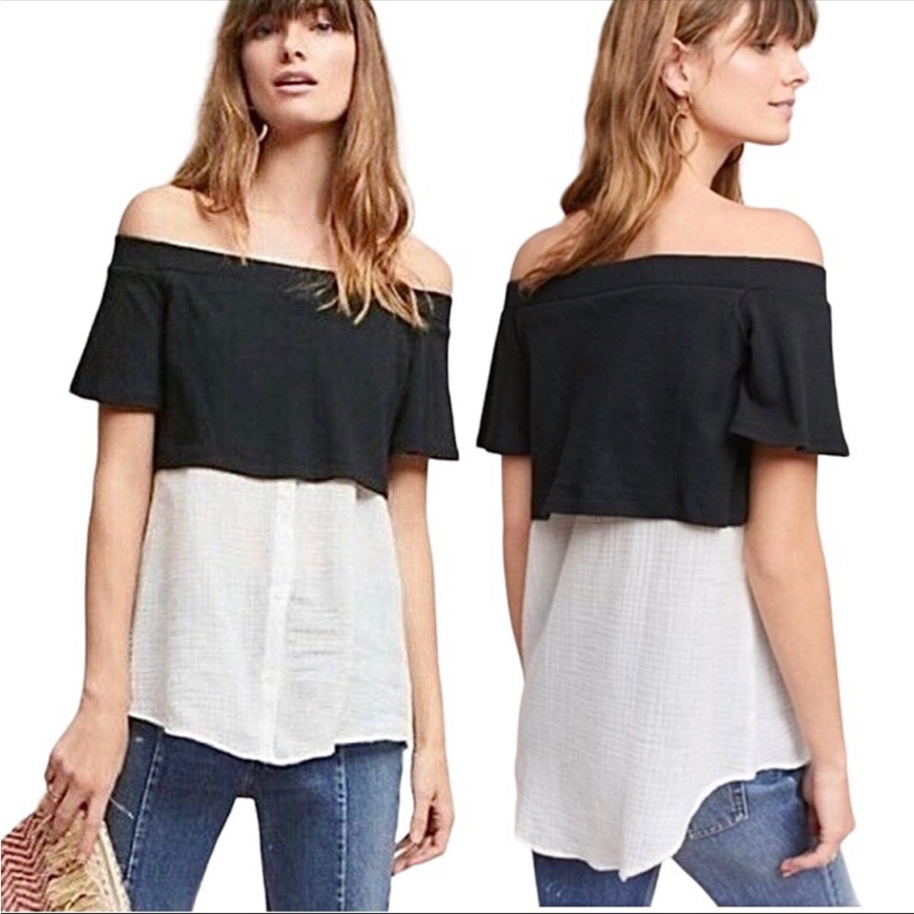 Anthropologie Postmark XS Petite Black White Two Tone Short Sleeve Top B…